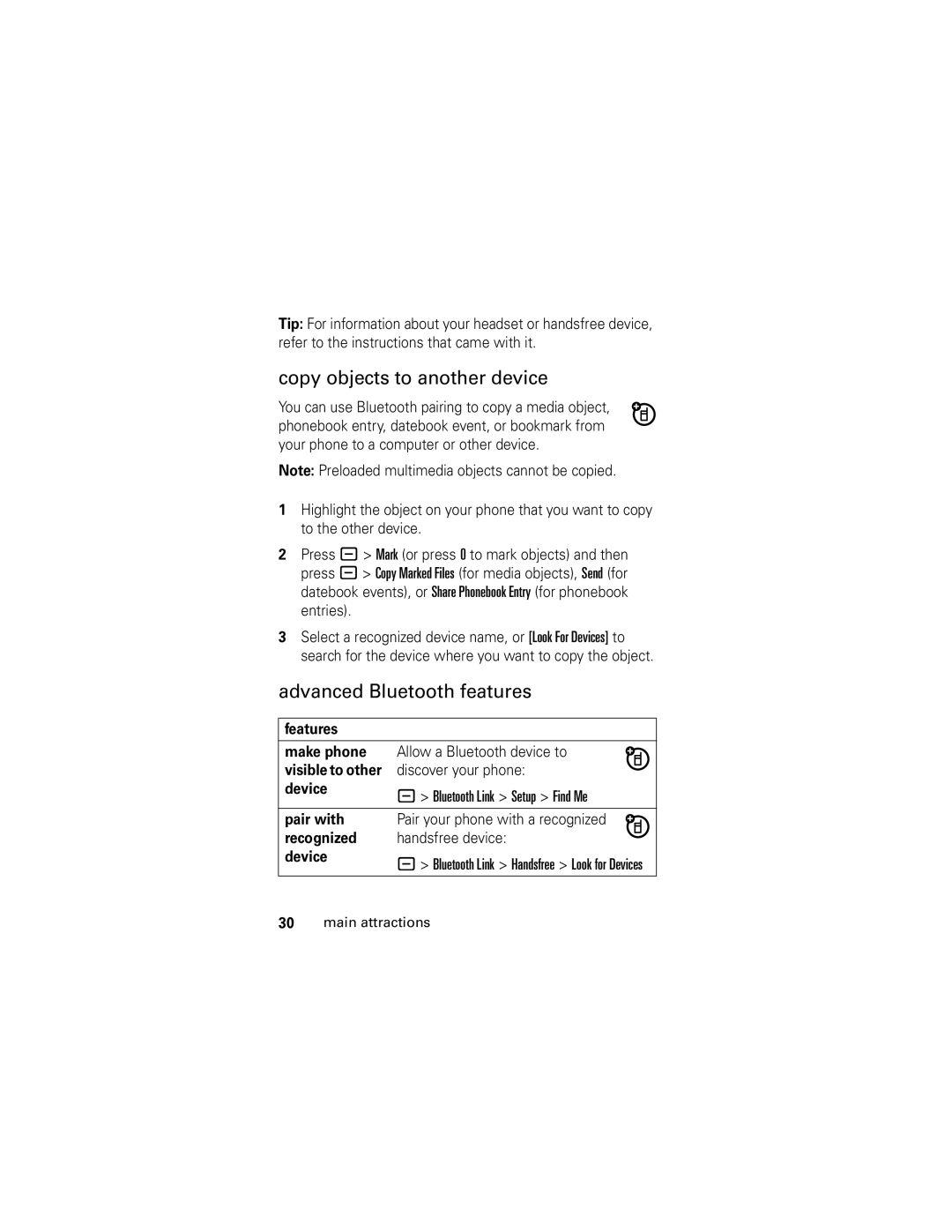 Motorola L6 GSM manual Copy objects to another device, Advanced Bluetooth features 