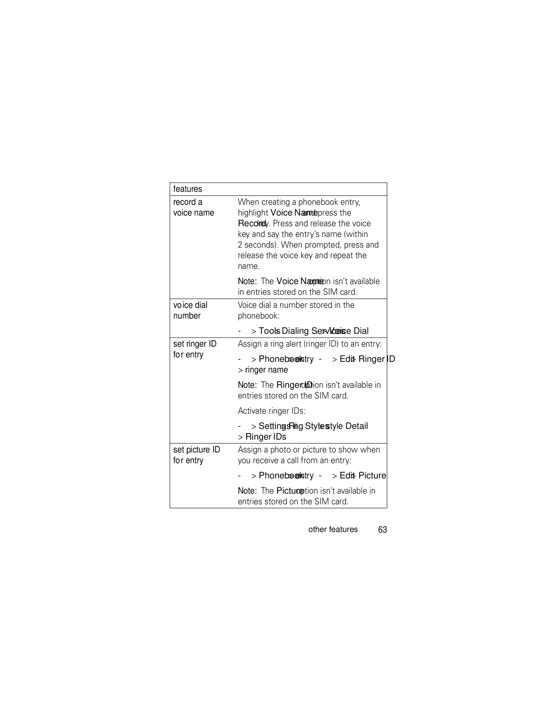 Motorola L6 GSM manual Features Record a, Voice name, Voice dial, Set ringer ID, For entry, Set picture ID 