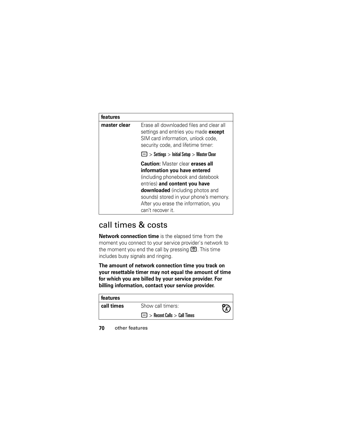 Motorola L6 GSM manual Call times & costs, Settings Initial Setup Master Clear, Features Call times, Show call timers 