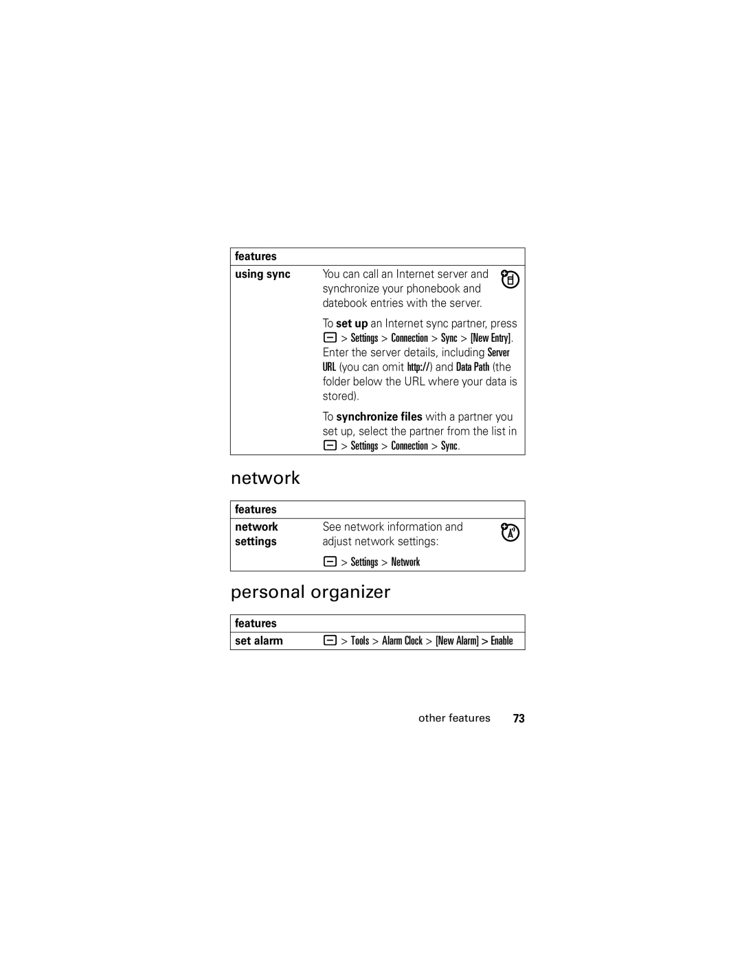 Motorola L6 GSM manual Personal organizer, Features Network, Settings Adjust network settings Settings Network 