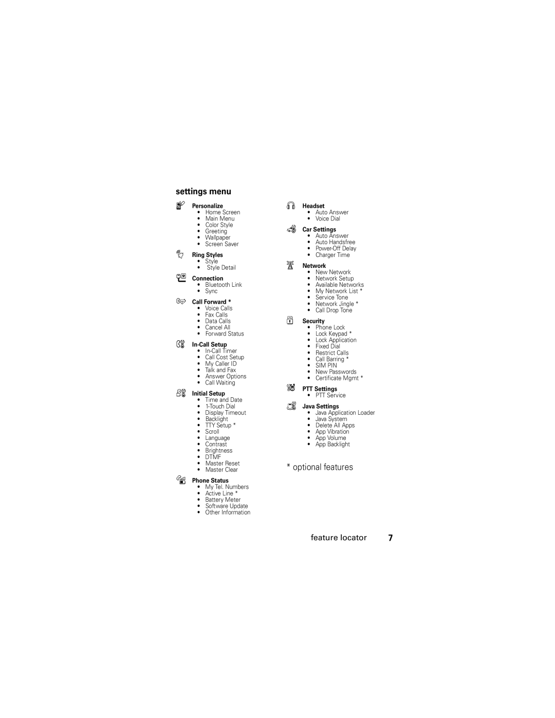 Motorola L6 GSM manual Settings menu, Optional features 