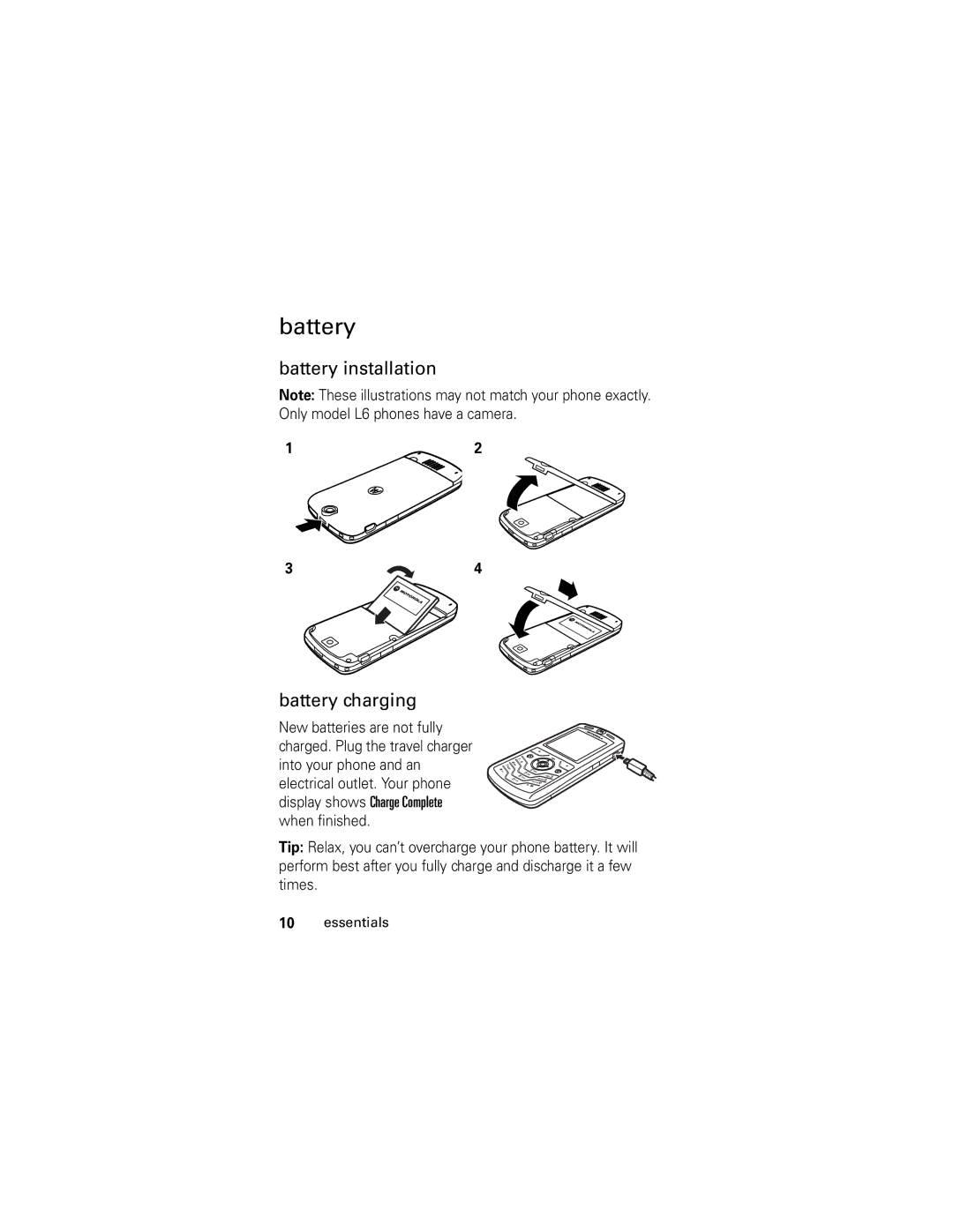 Motorola L6, L2 manual Battery installation Battery charging 