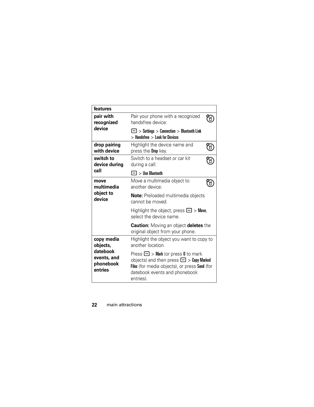 Motorola L6, L2 manual Handsfree Look for Devices, Phonebook, Entries, Datebook events and phonebook 