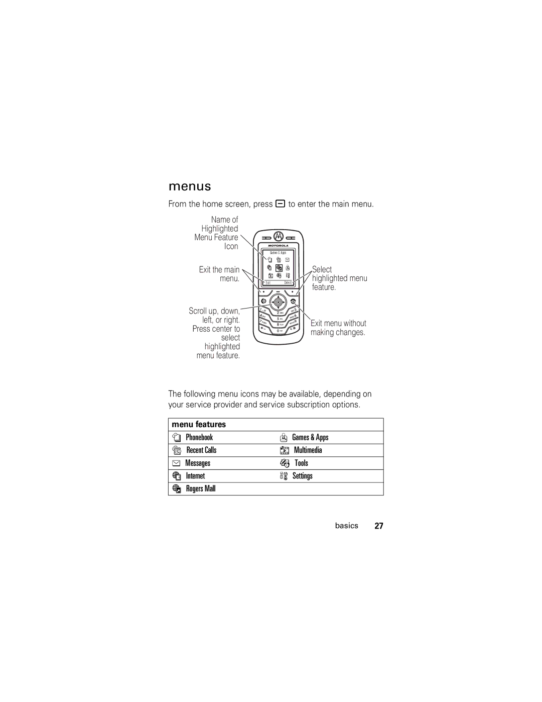 Motorola L2, L6 manual Menus, From the home screen, press to enter the main menu, Menu features 