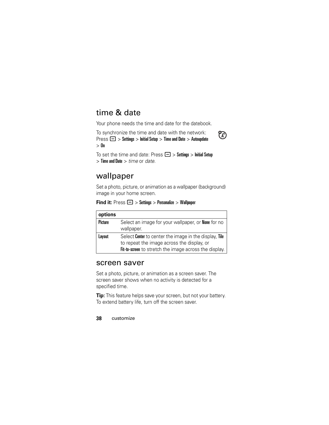 Motorola L6, L2 manual Time & date, Wallpaper, Screen saver, Your phone needs the time and date for the datebook 