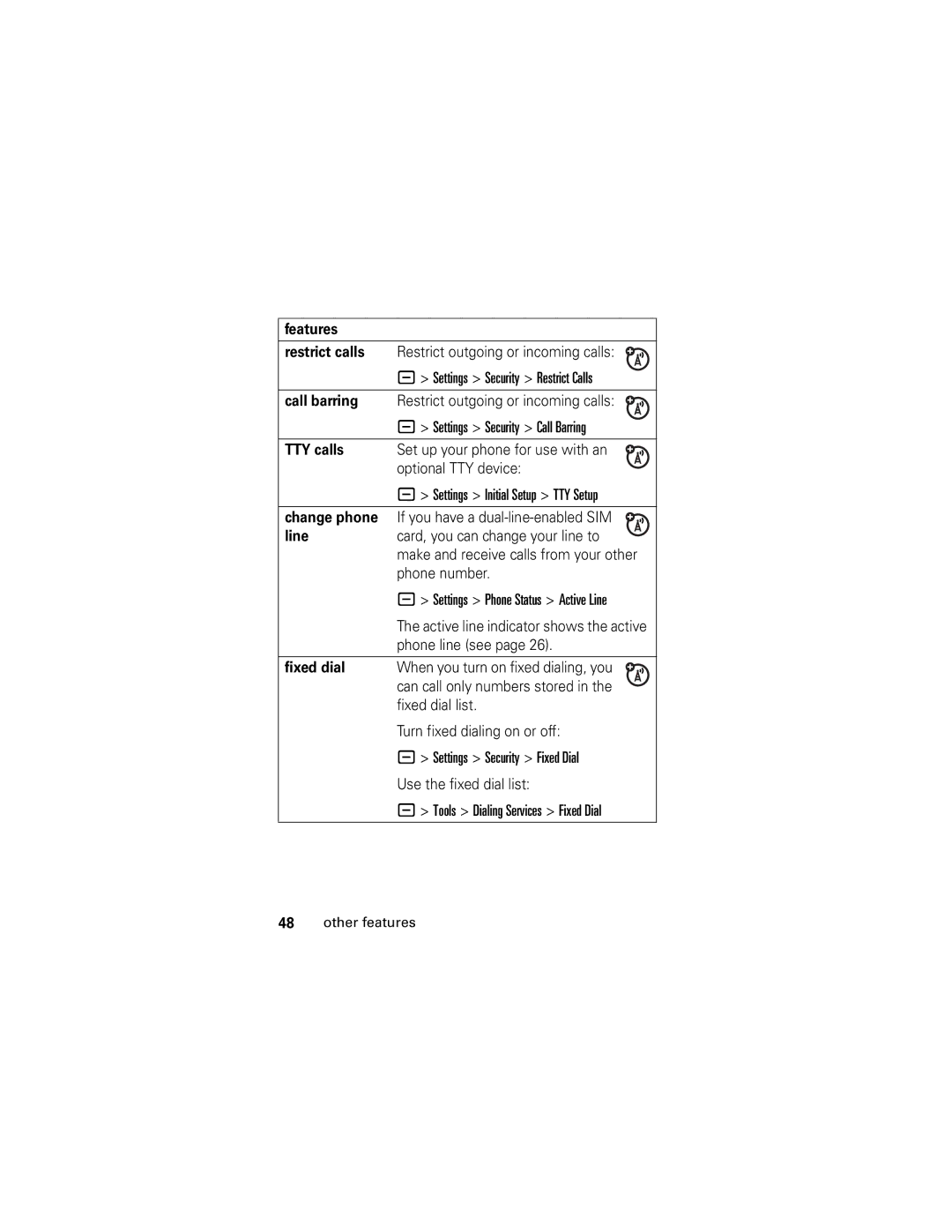 Motorola L6, L2 manual Features Restrict calls, Call barring, TTY calls, Change phone, Line, Fixed dial 