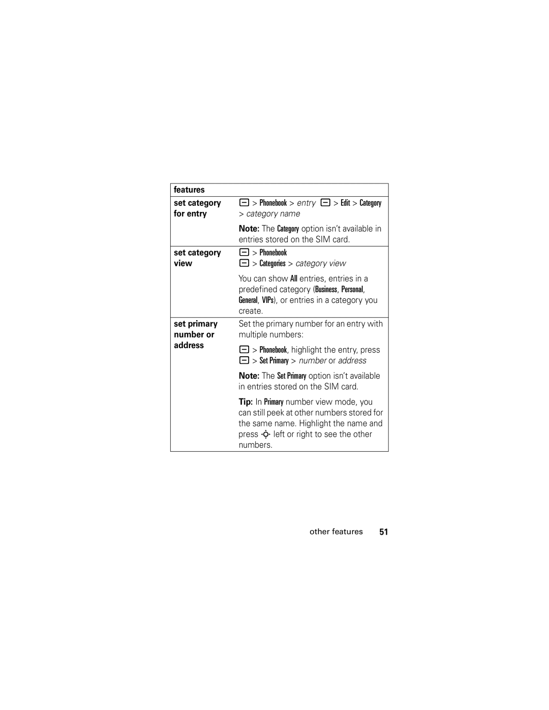 Motorola L2, L6 manual Features Set category, View, Set primary, Number or, Address 