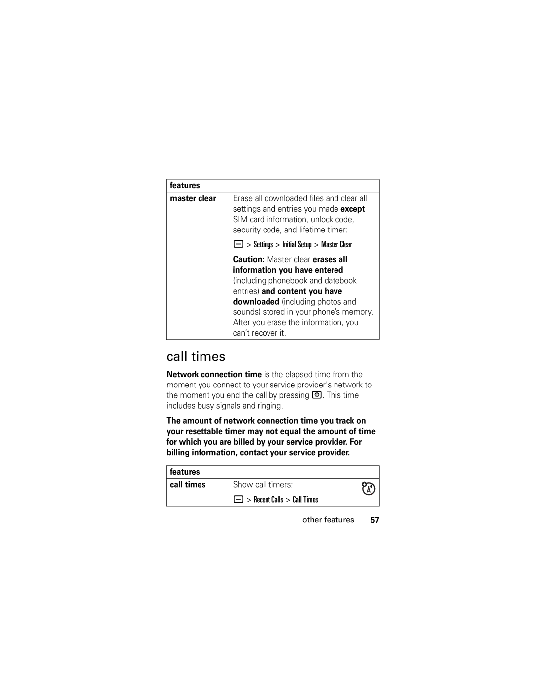 Motorola L2, L6 manual Features Call times, Show call timers 