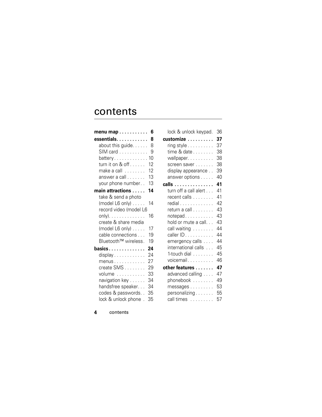 Motorola L6, L2 manual Contents 