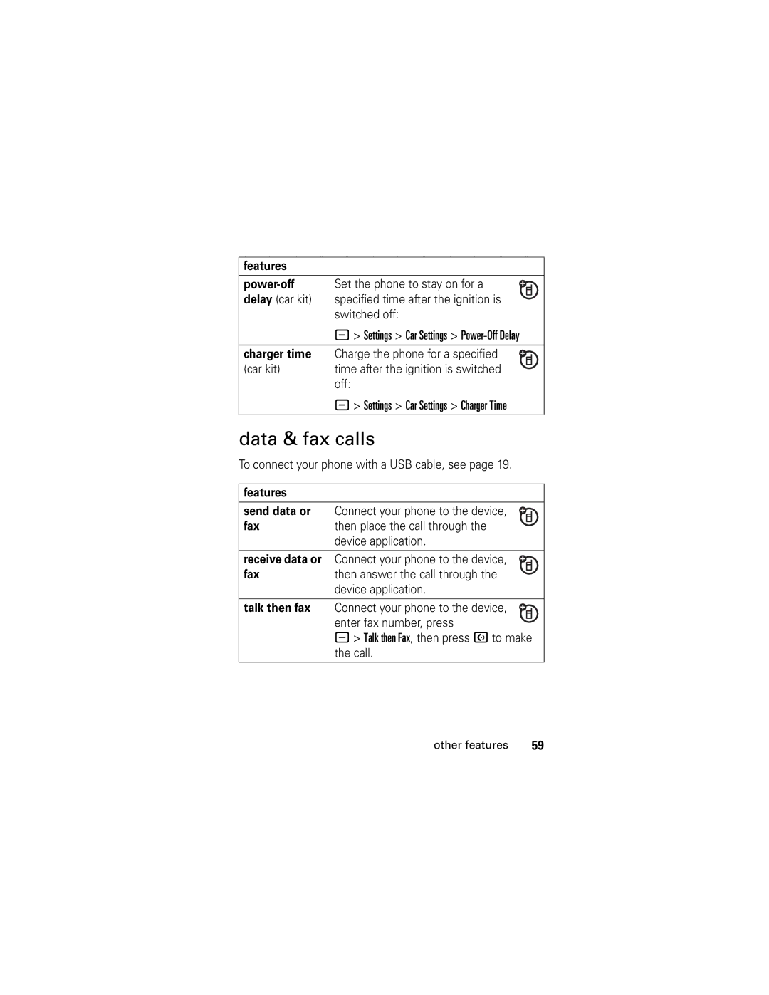 Motorola L2, L6 manual Data & fax calls, To connect your phone with a USB cable, see 