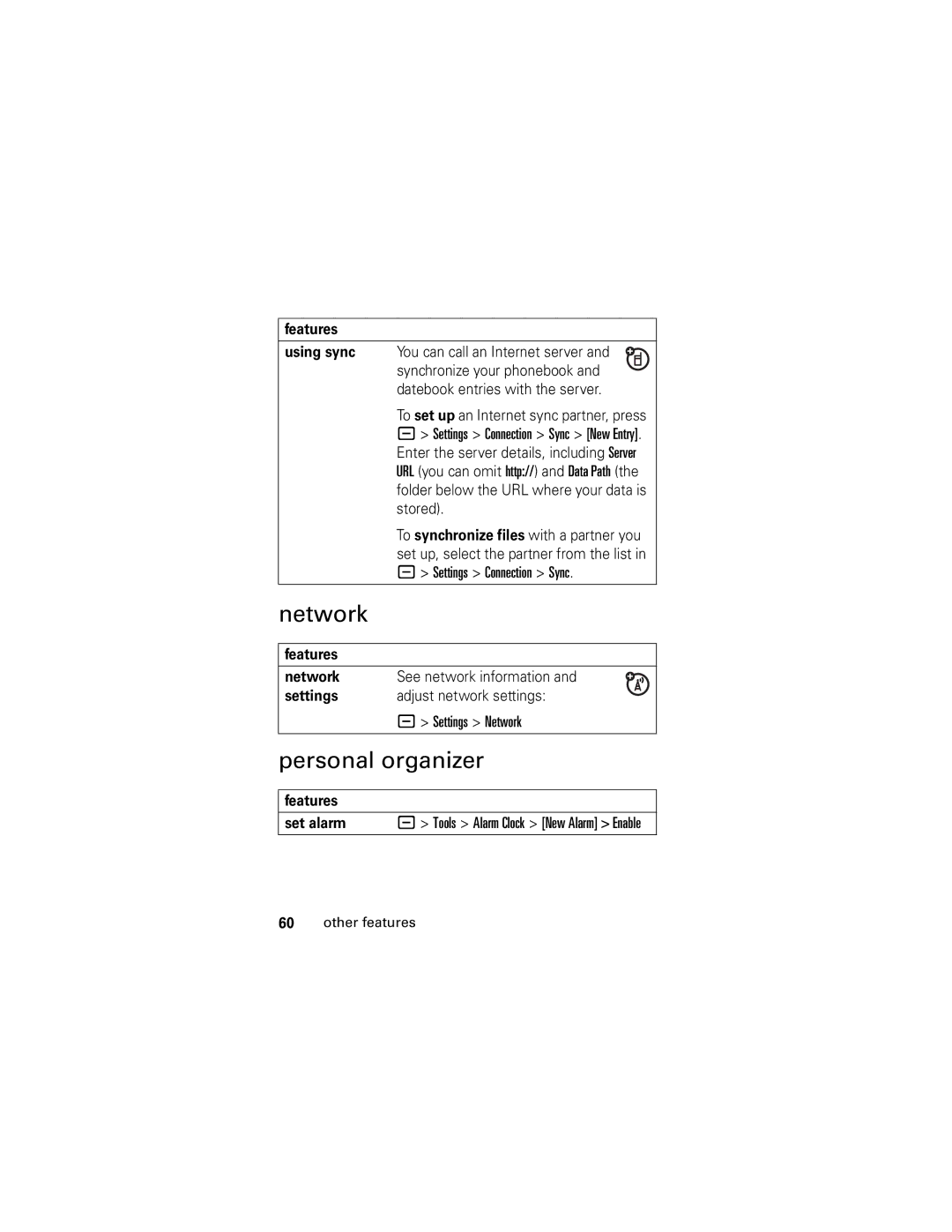 Motorola L6, L2 manual Personal organizer, Features Network, Settings Adjust network settings Settings Network 