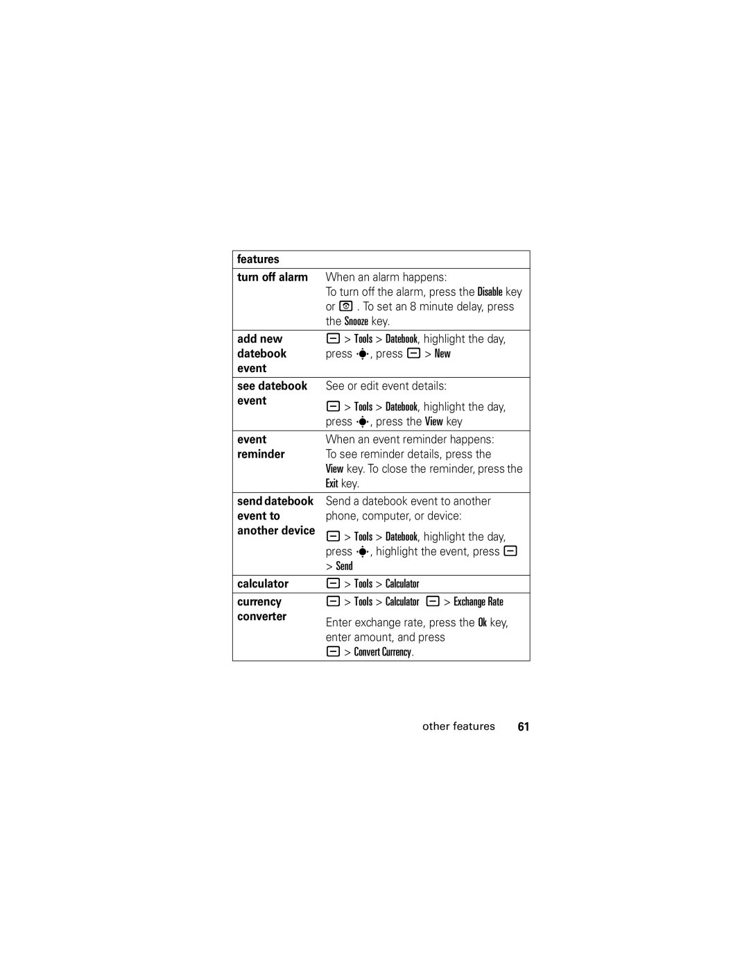 Motorola L2, L6 manual Features Turn off alarm, Add new, Event See datebook, Reminder, Calculator Tools Calculator Currency 