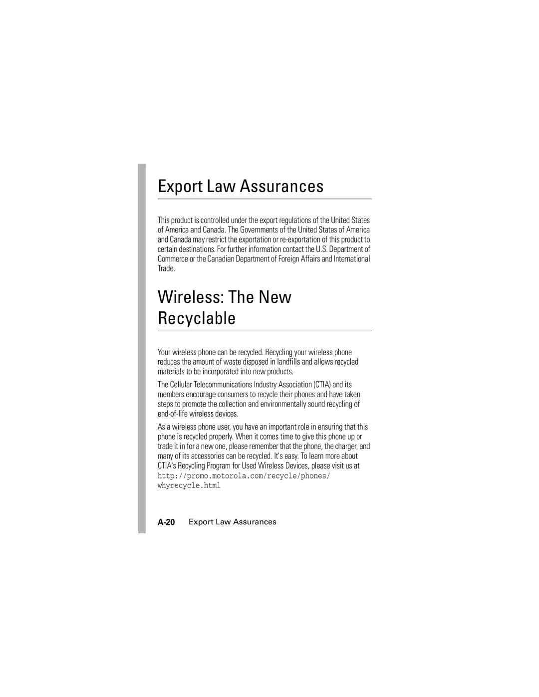 Motorola L2, L6 manual Export Law Assurances, Wireless The New Recyclable 