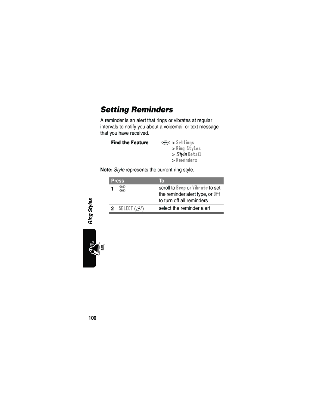 Motorola L702BT, 120e manual Setting Reminders, To turn off all reminders, Select the reminder alert, 100 