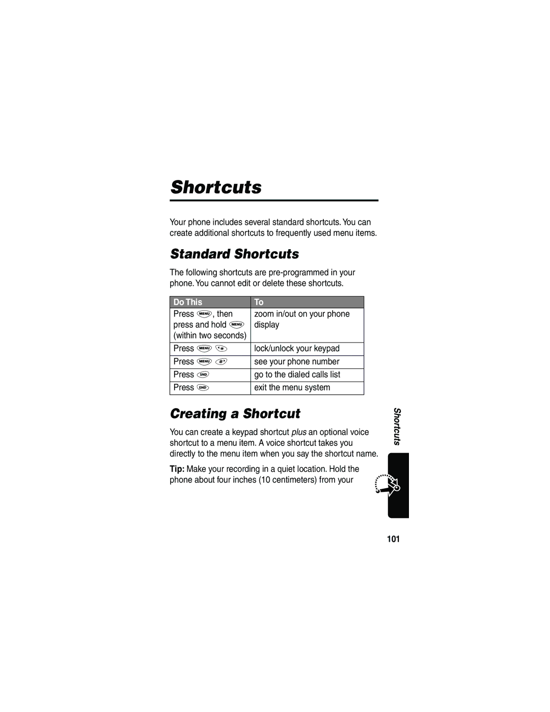 Motorola 120e, L702BT manual Standard Shortcuts, Creating a Shortcut, 101 