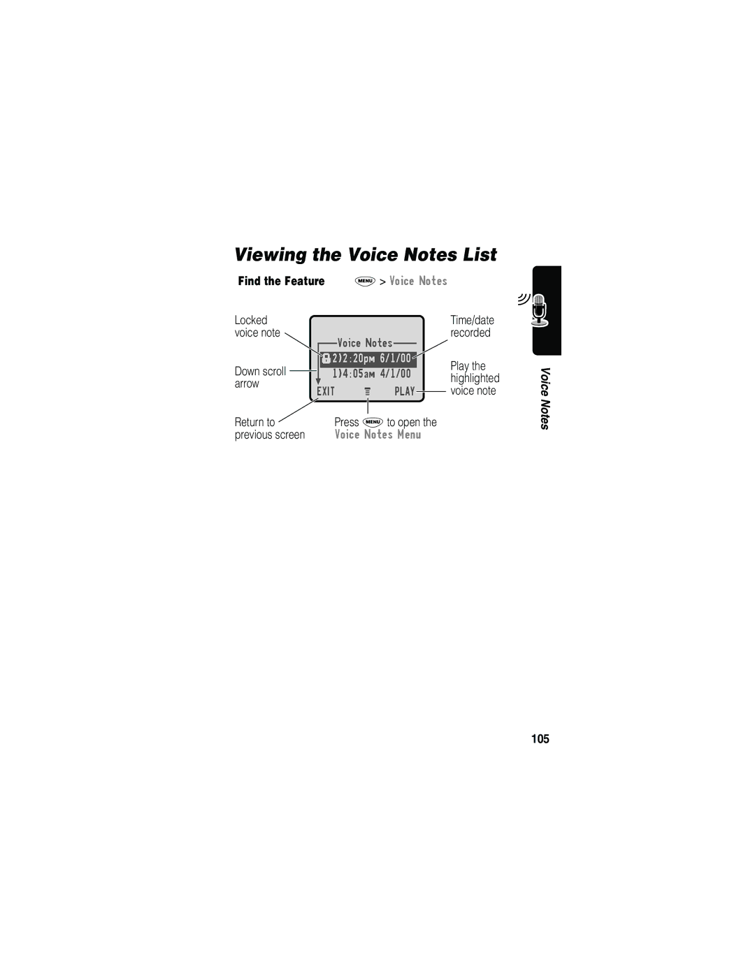 Motorola 120e, L702BT manual Viewing the Voice Notes List, Voice Notes Menu, 105 