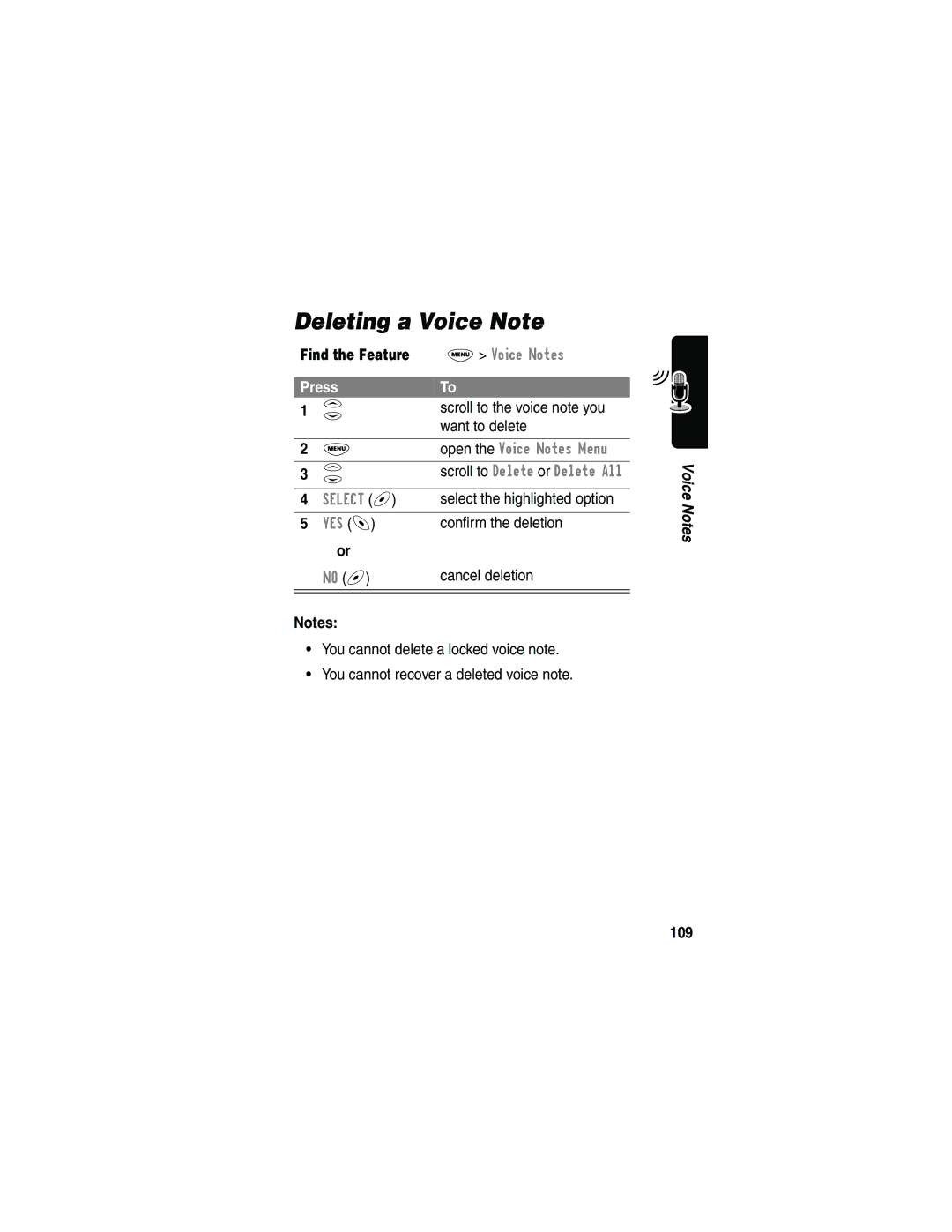 Motorola 120e, L702BT manual Deleting a Voice Note, Scroll to Delete or Delete All, 109 