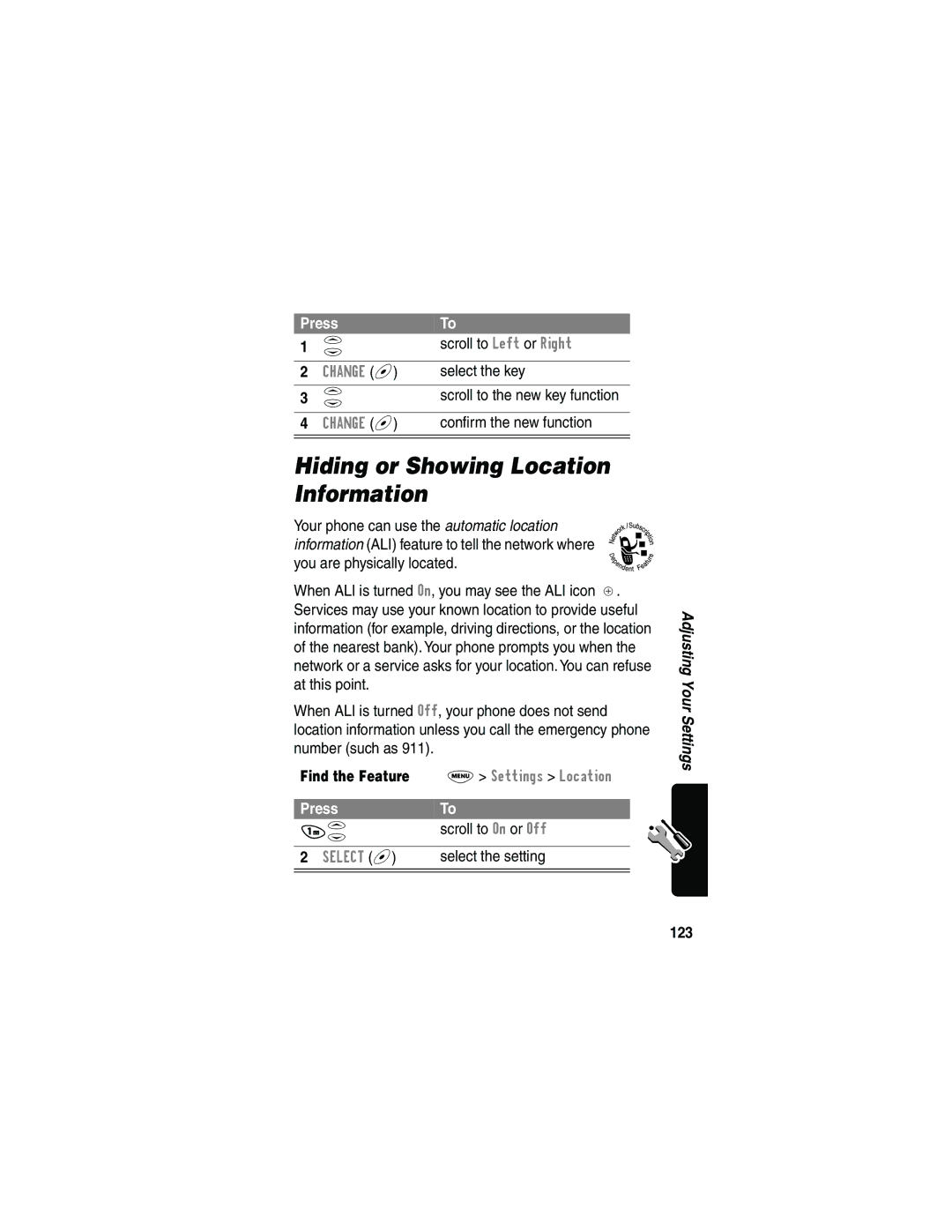 Motorola 120e, L702BT manual Hiding or Showing Location Information, Find the Feature M Settings Location, 123 