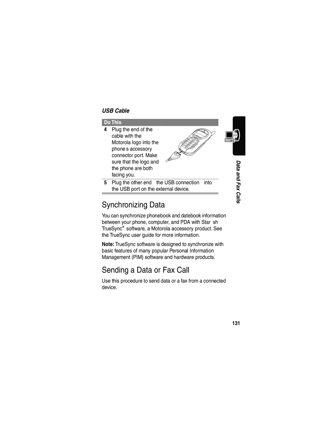 Motorola 120e, L702BT manual Synchronizing Data, Sending a Data or Fax Call, 131 