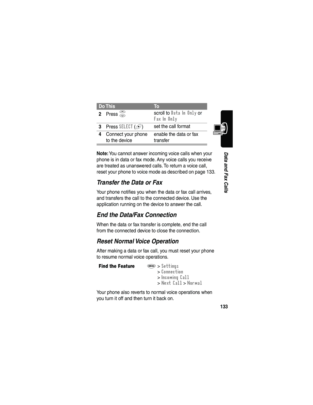 Motorola 120e, L702BT manual Transfer the Data or Fax, End the Data/Fax Connection, Reset Normal Voice Operation, 133 