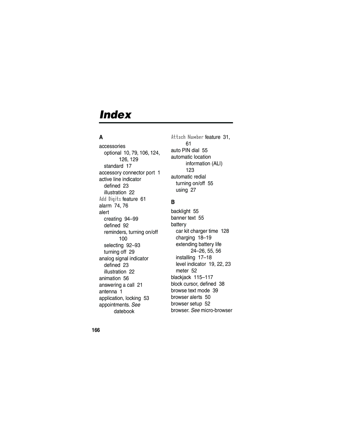 Motorola L702BT, 120e manual Index, Add Digits feature 61 alarm 74, Datebook, Attach Number feature, 166 