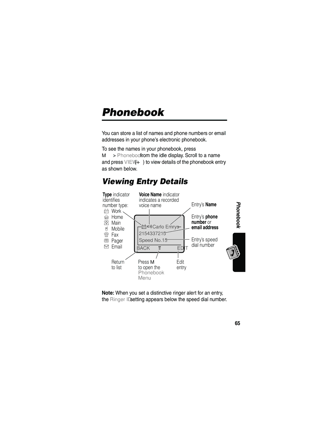 Motorola 120e, L702BT manual Viewing Entry Details, Voice Name indicator, Number or, Phonebook Menu 