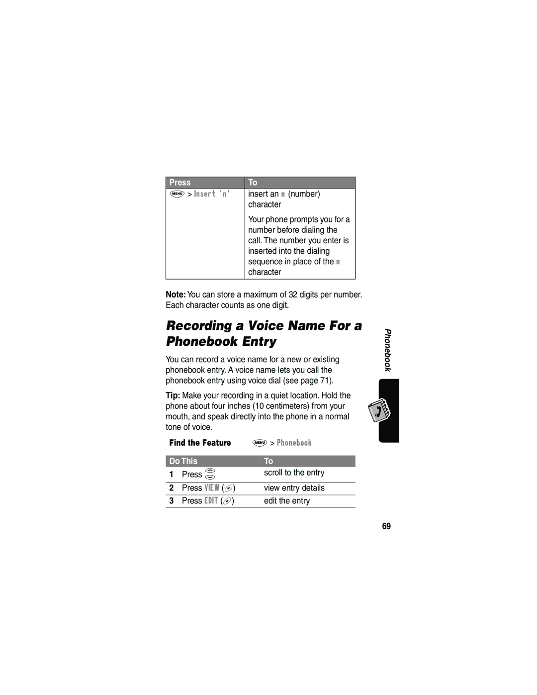 Motorola 120e, L702BT manual Recording a Voice Name For a Phonebook Entry, Insert n 