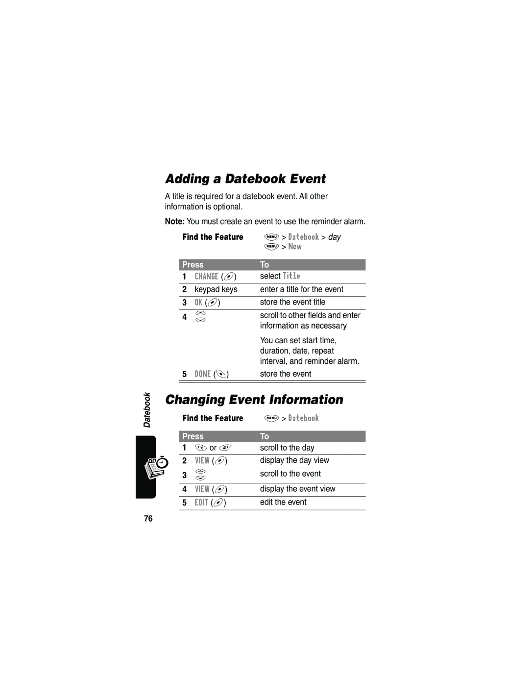 Motorola L702BT, 120e manual Adding a Datebook Event, Changing Event Information, Datebook day 