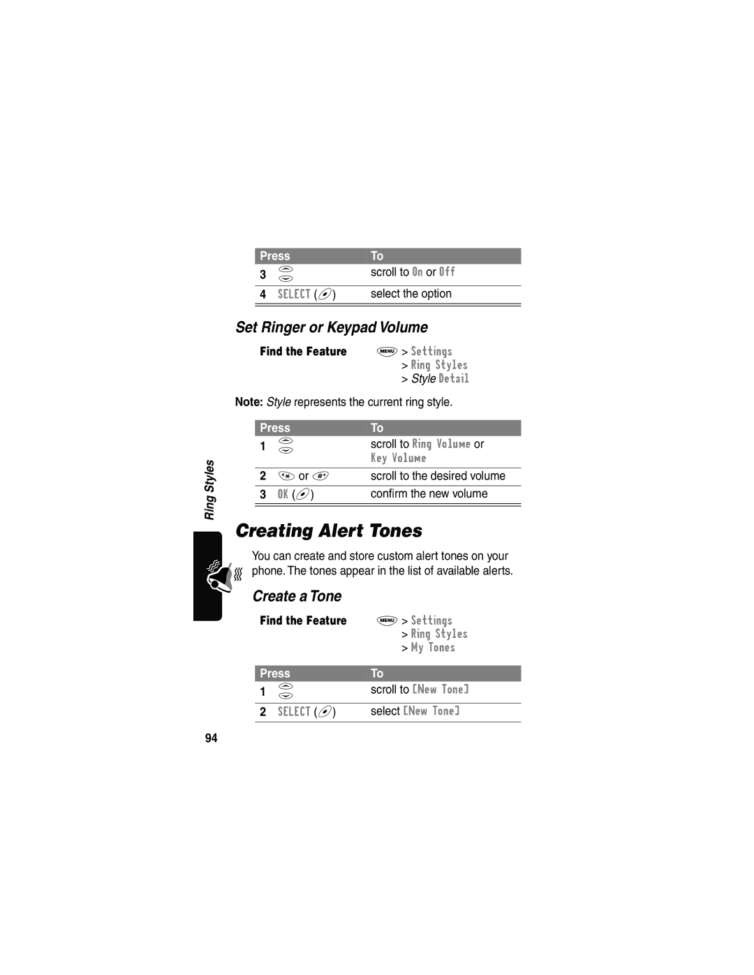 Motorola L702BT, 120e manual Creating Alert Tones, Set Ringer or Keypad Volume, Create a Tone 