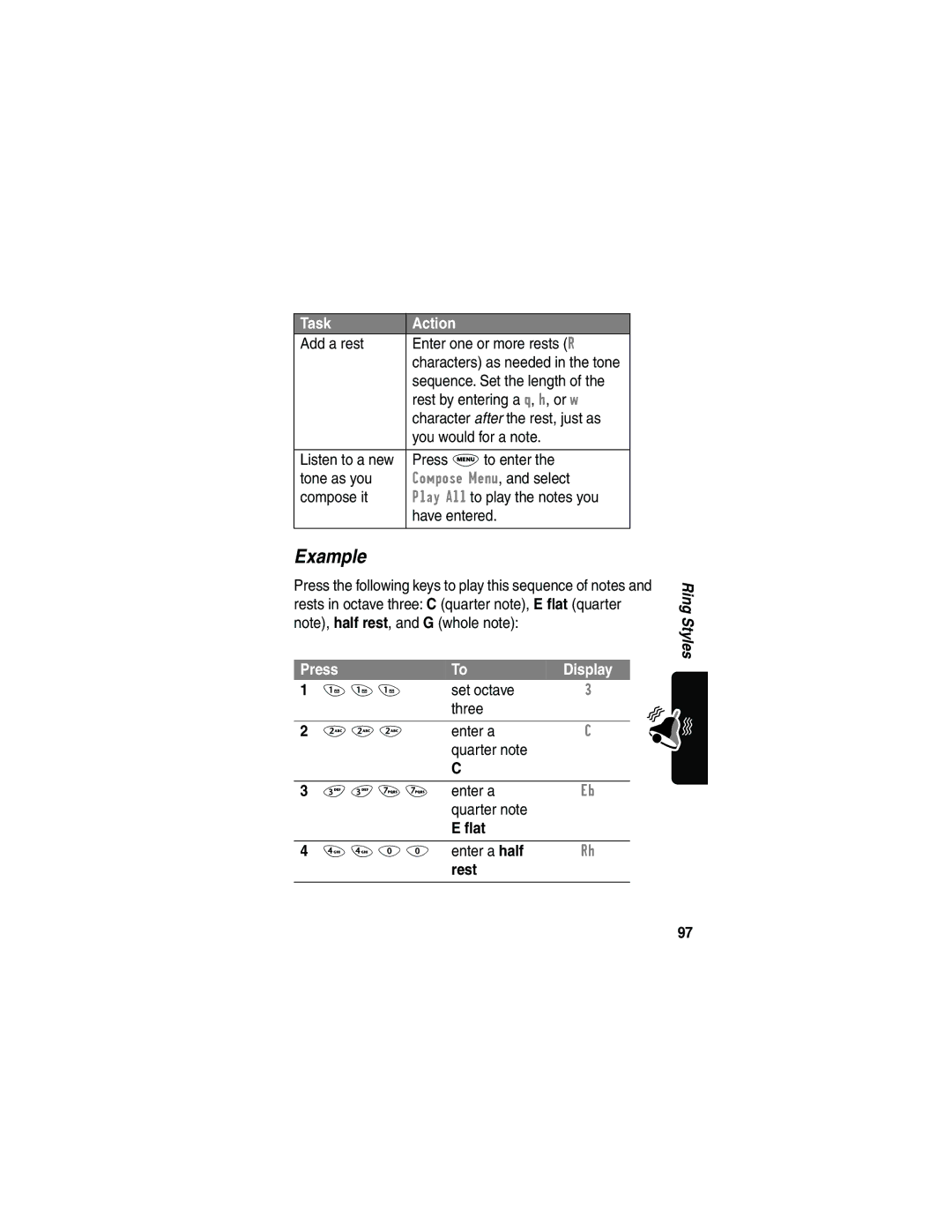 Motorola 120e, L702BT Example, Compose Menu, and select, Set octave Three Enter a Quarter note, Quarter note ﬂat, Rest 