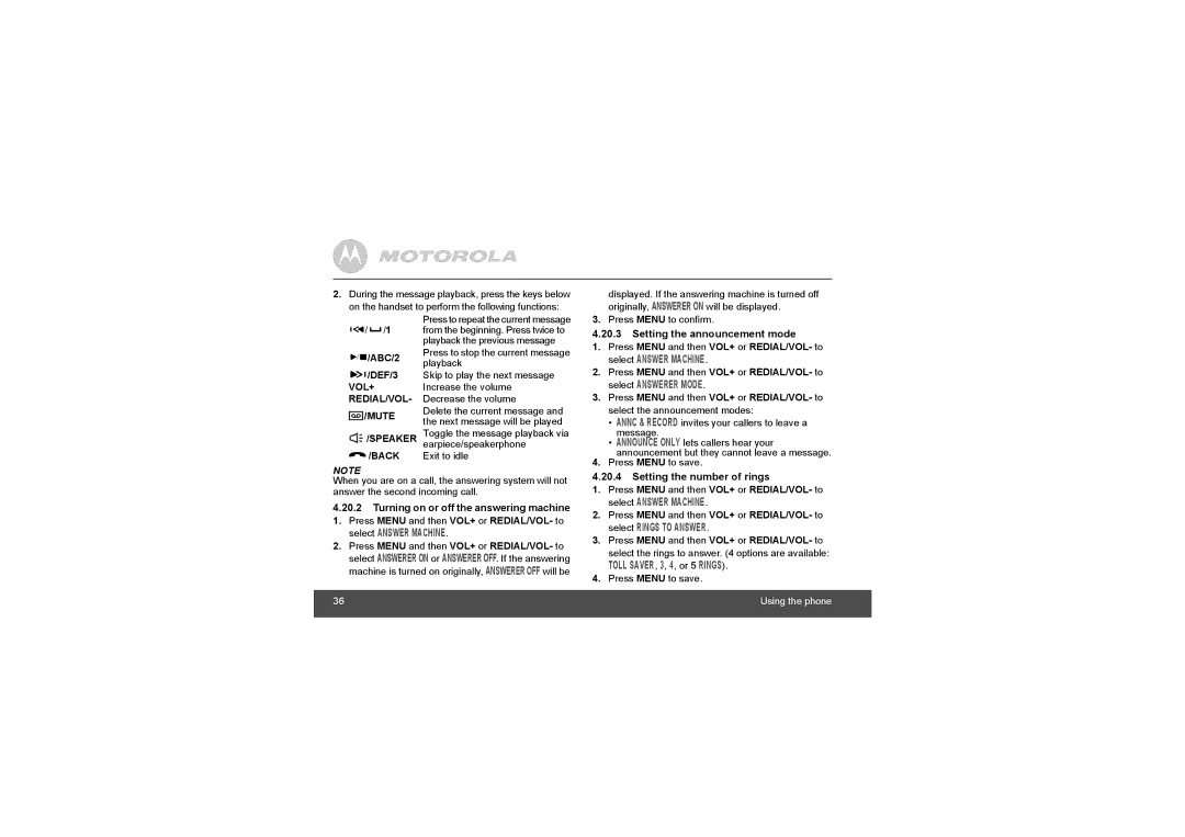 Motorola L702C, L705CM, L703C manual Setting the announcement mode, ABC/2, DEF/3 VOL+ 