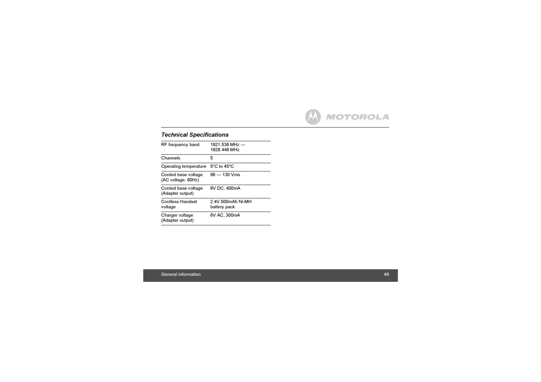 Motorola L705CM, L702C, L703C manual Technical Specifications 