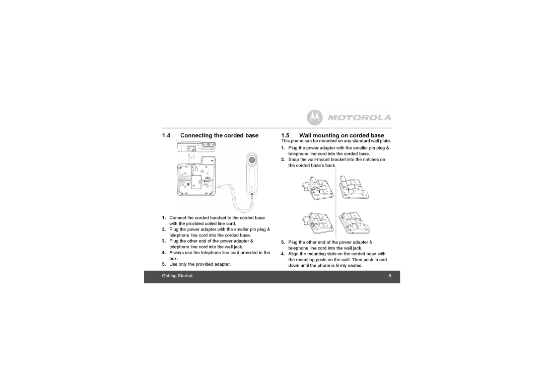 Motorola L702C, L705CM, L703C manual Connecting the corded base, Wall mounting on corded base 