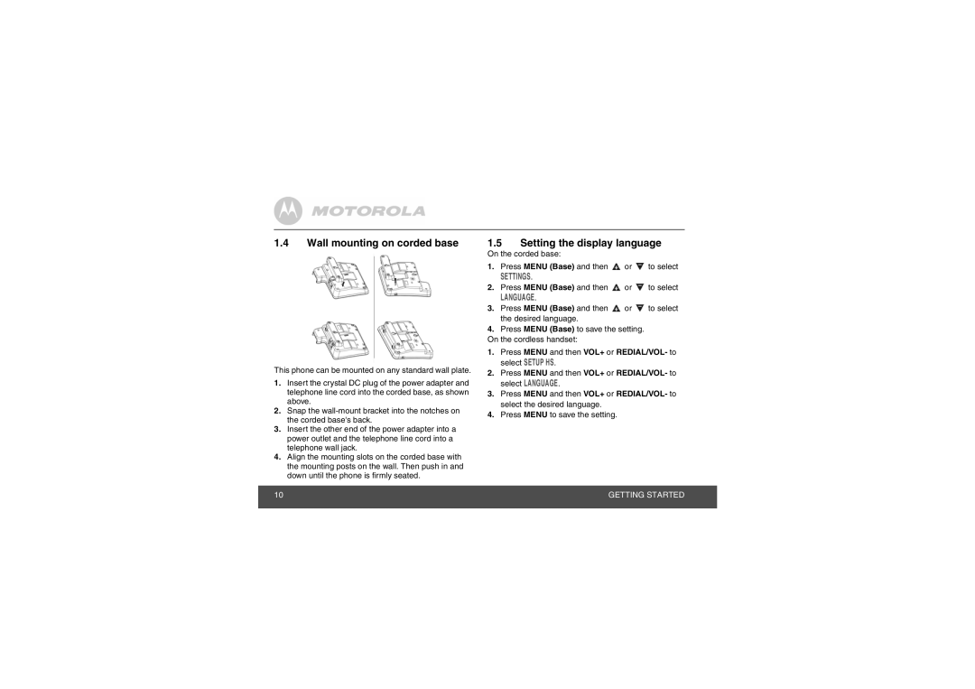 Motorola L702CBT manual Wall mounting on corded base, Setting the display language 