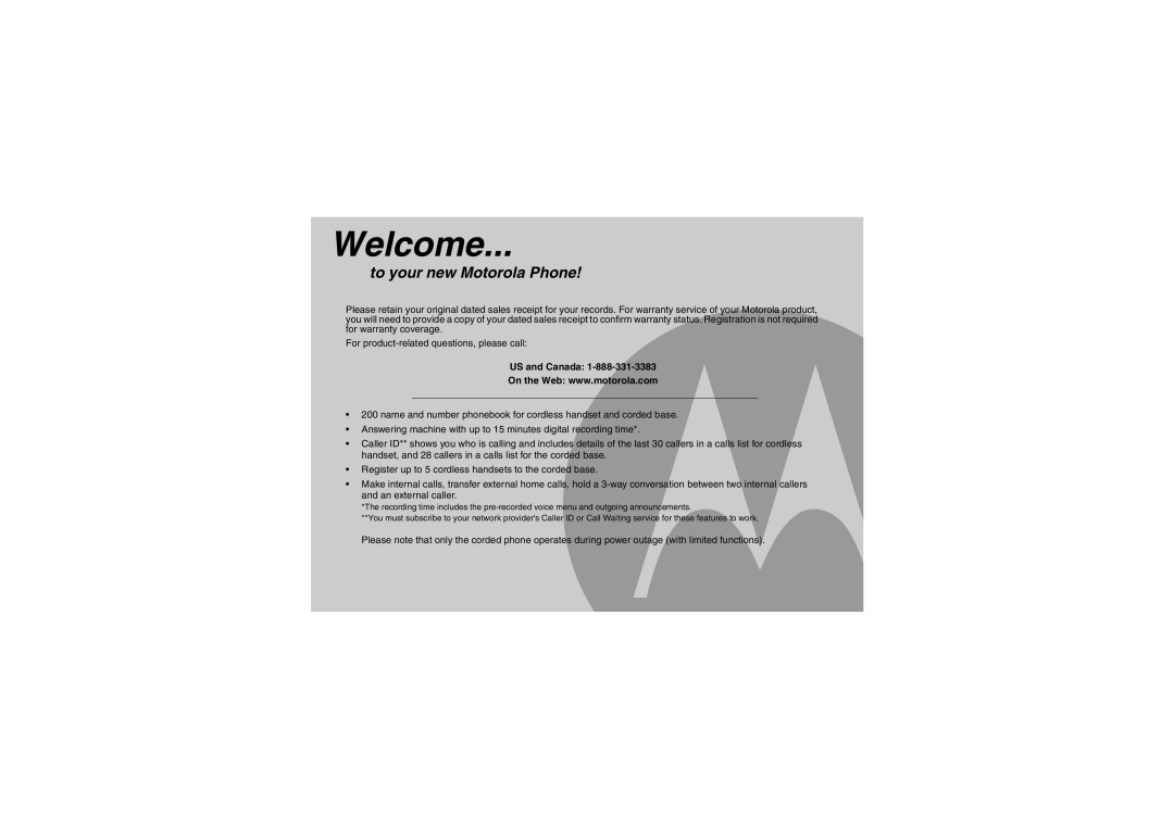 Motorola L702CBT manual Welcome, US and Canada 