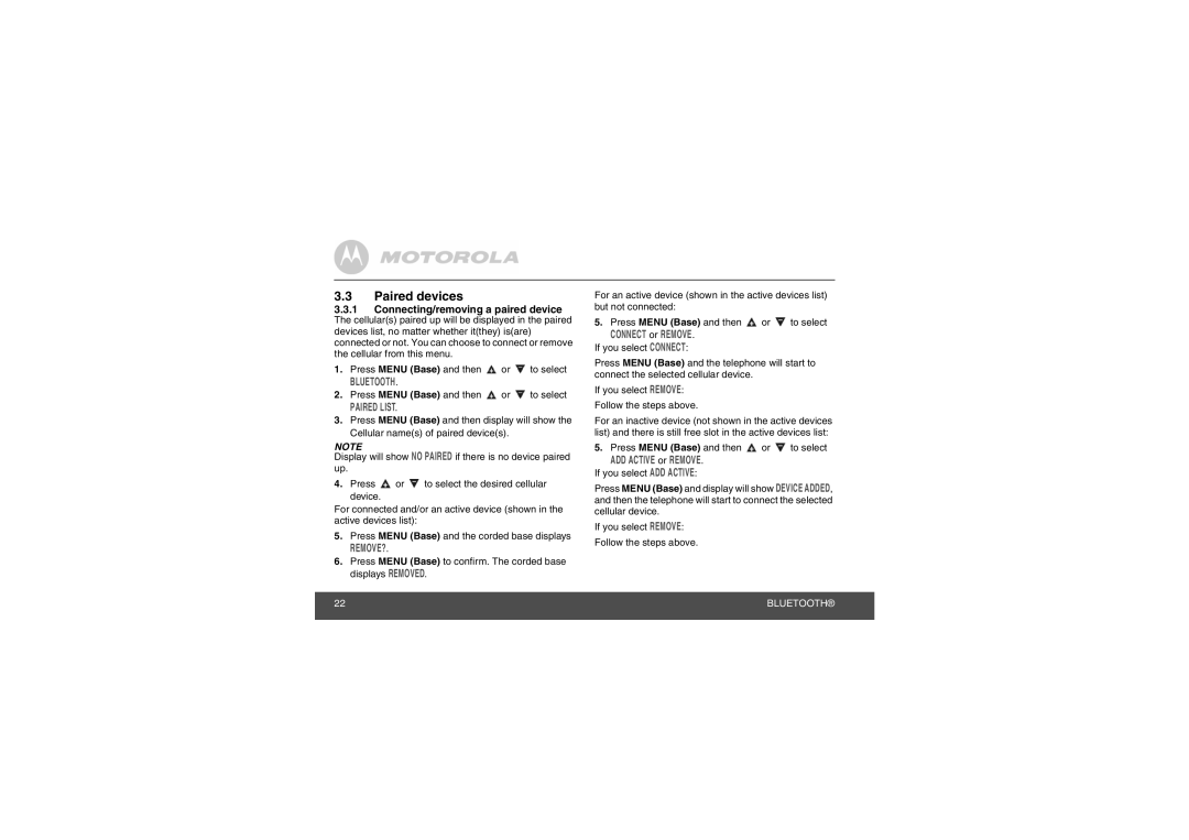 Motorola L702CBT manual Paired devices, Connecting/removing a paired device 