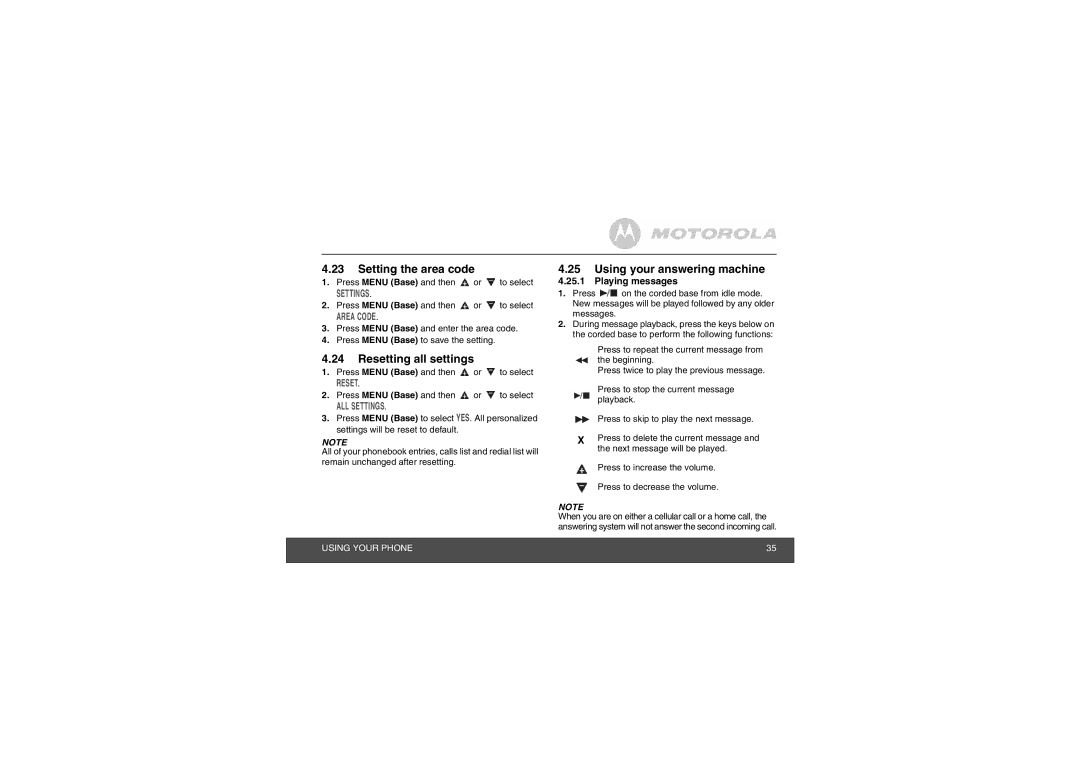 Motorola L702CBT manual Setting the area code, Resetting all settings, Using your answering machine, Playing messages 