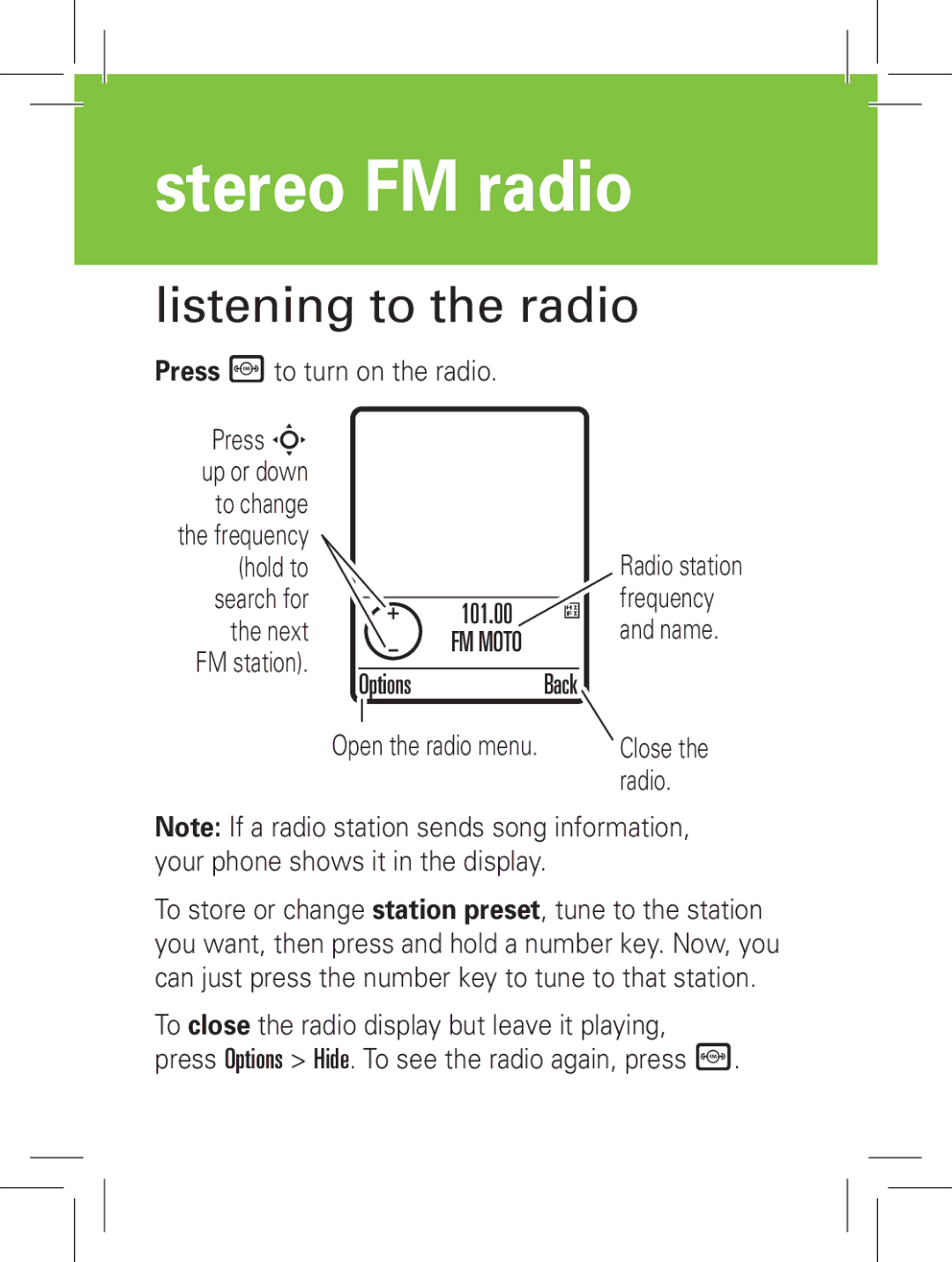 Motorola 6802931J79, L72 manual Stereo FM radio, Listening to the radio 