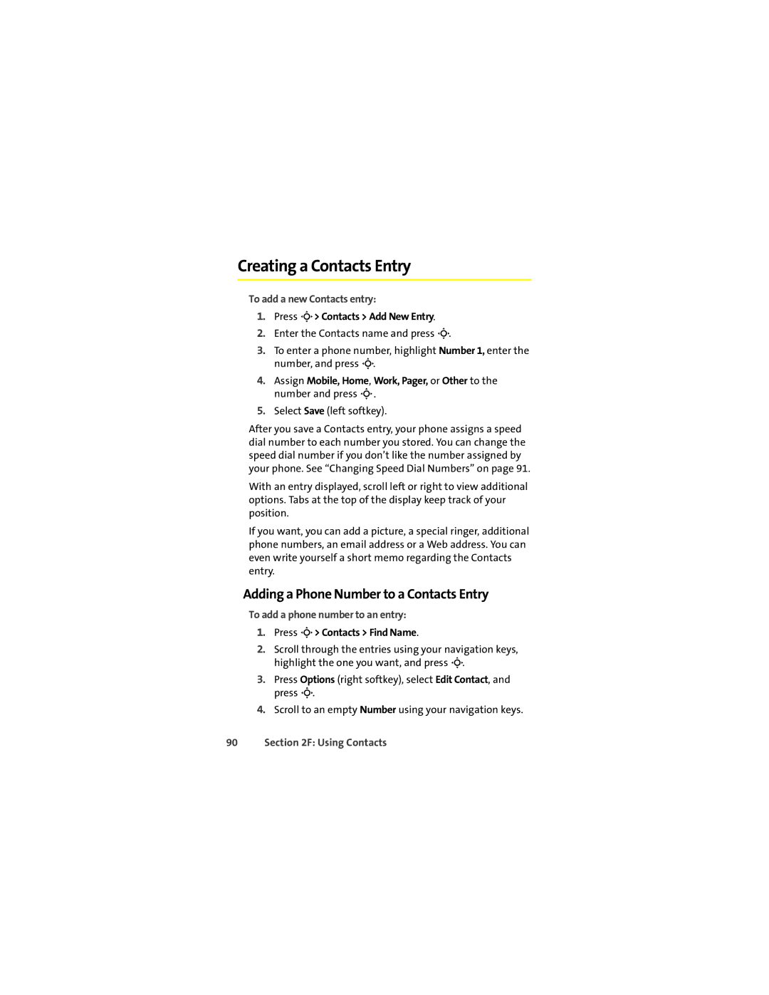 Motorola L7c manual Creating a Contacts Entry, Adding a Phone Number to a Contacts Entry, To add a new Contacts entry 