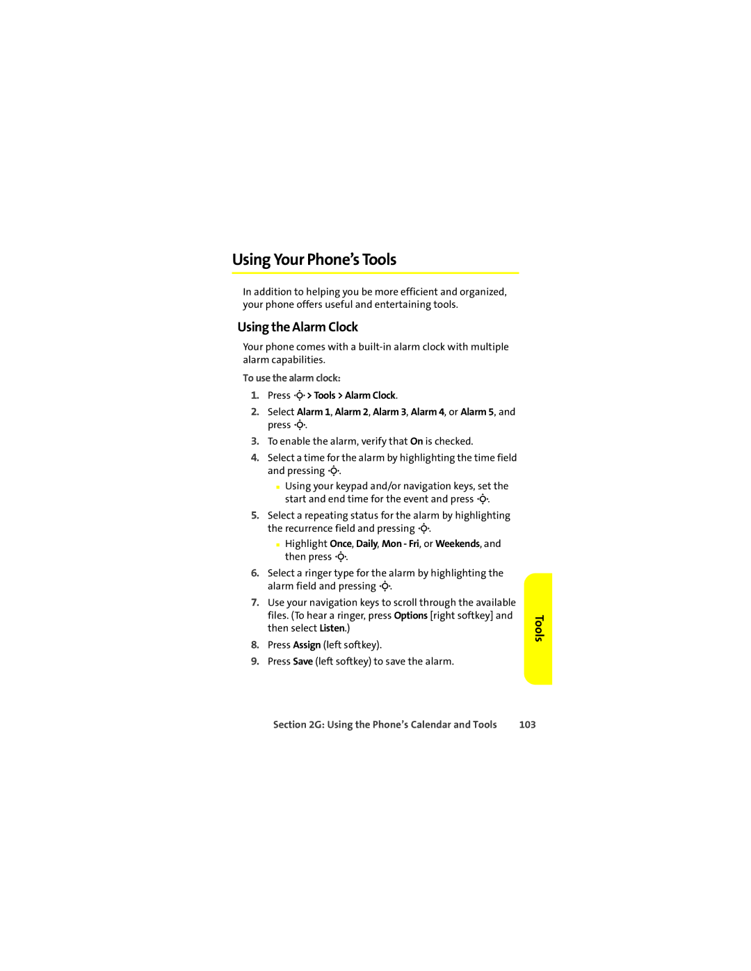 Motorola L7c manual Using Your Phone’s Tools, Using the Alarm Clock, To use the alarm clock, 103 