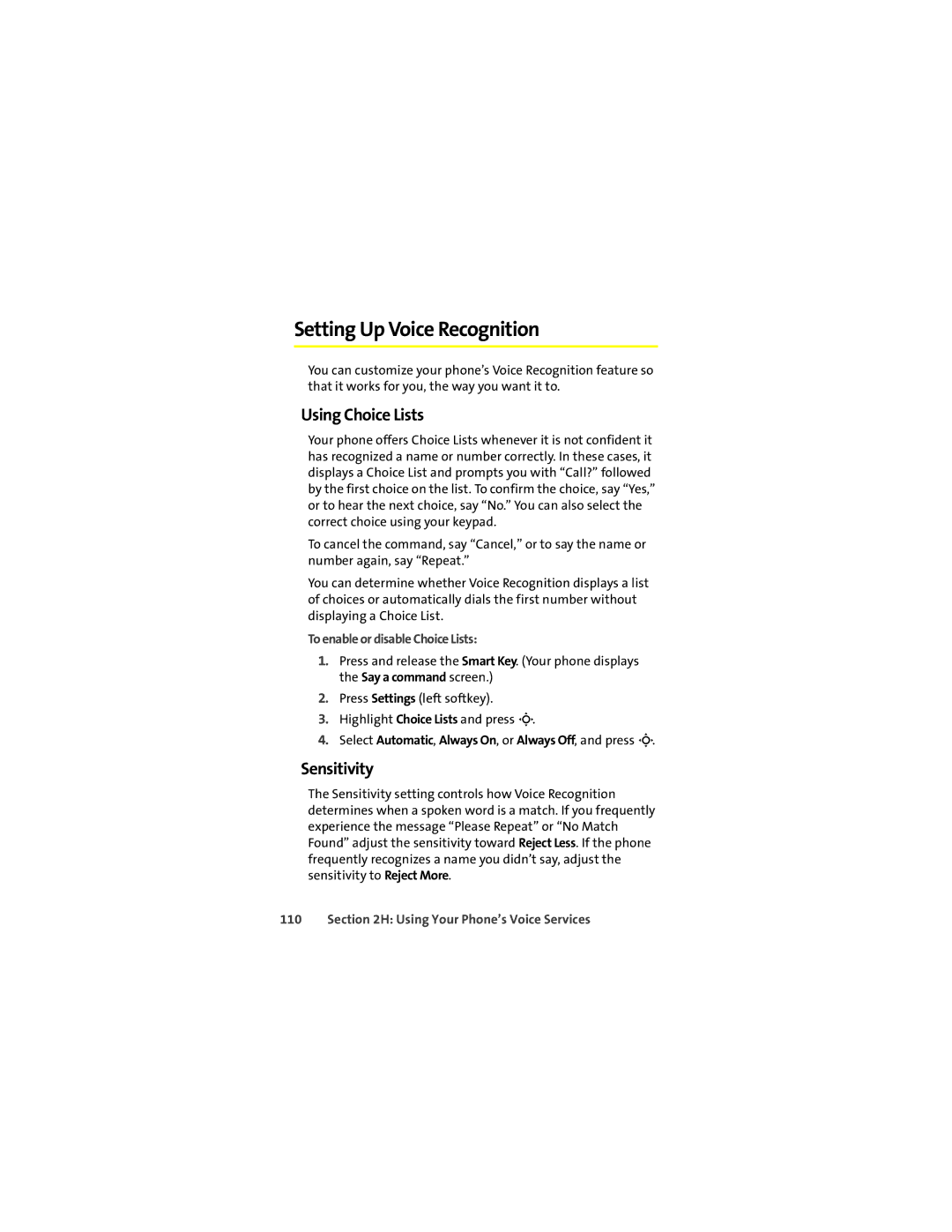 Motorola L7c manual Setting Up Voice Recognition, Using Choice Lists, Sensitivity, To enable or disable Choice Lists 