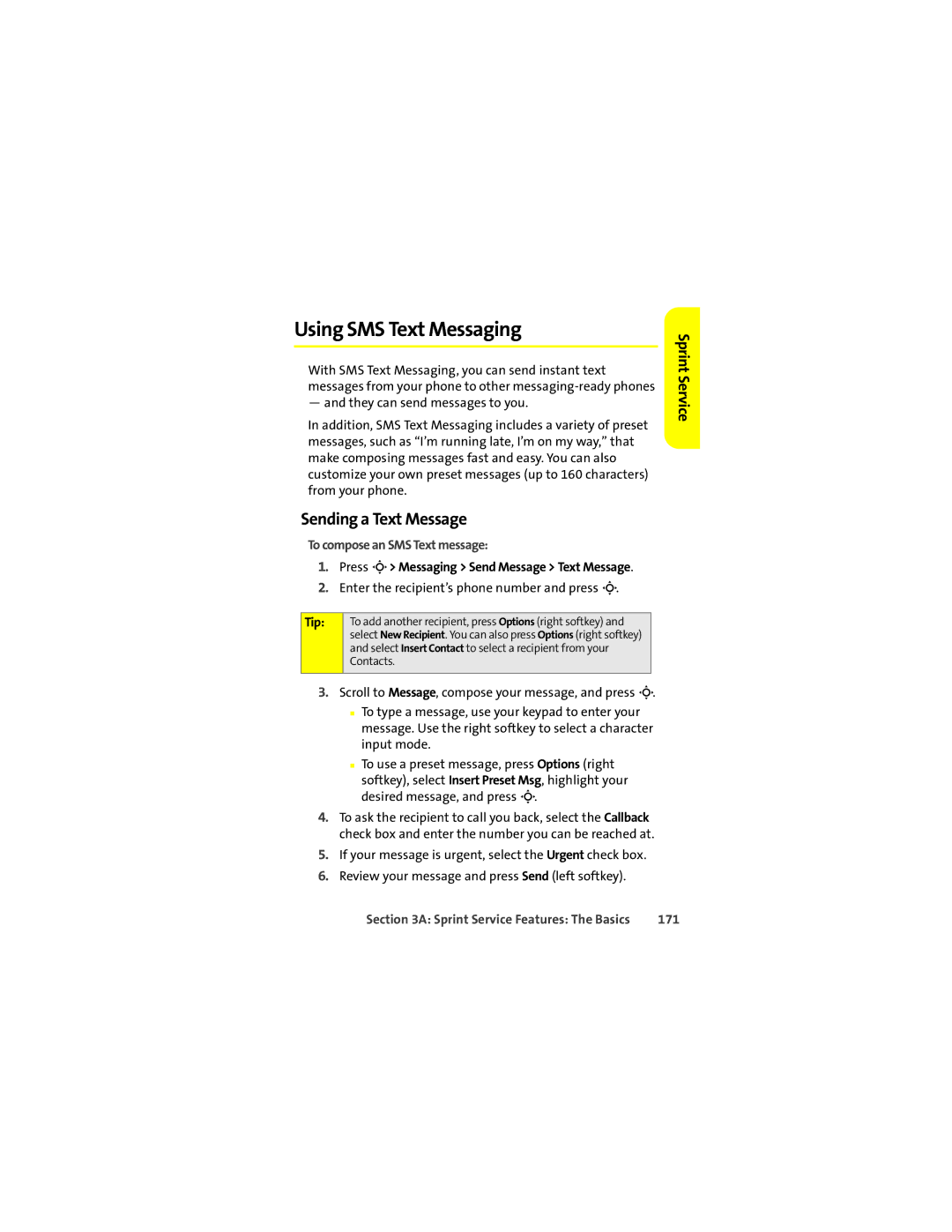 Motorola L7c manual Using SMS Text Messaging, Sending a Text Message, To compose an SMS Text message, 171 