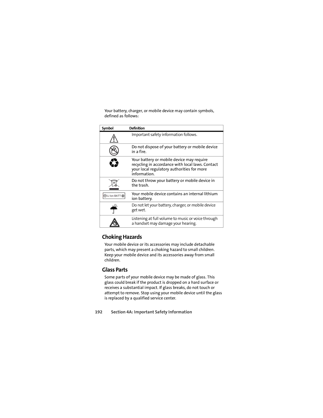 Motorola L7c manual Choking Hazards, Glass Parts 