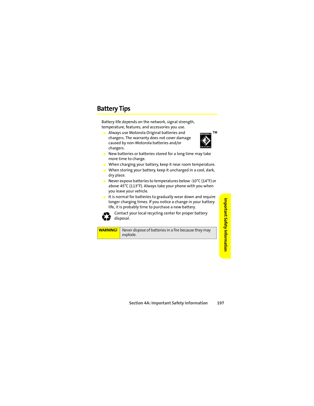 Motorola L7c manual Battery Tips, Information, 197 