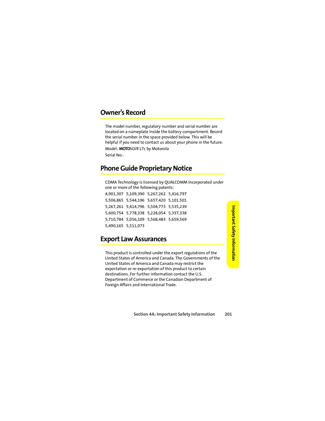 Motorola L7c manual Owner’s Record, Phone Guide Proprietary Notice, Export Law Assurances, 201 