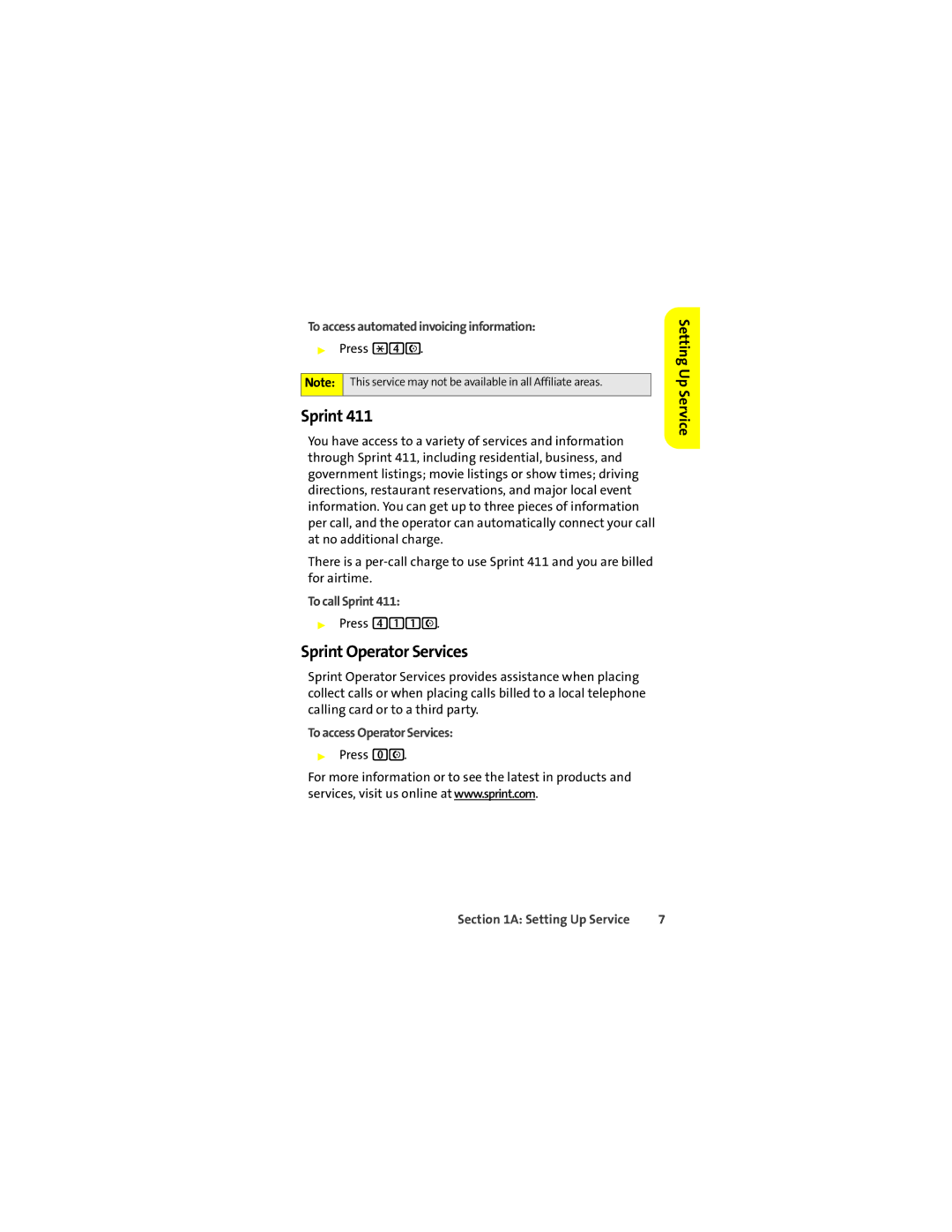 Motorola L7c manual Sprint Operator Services, To access automated invoicing information, To call Sprint 