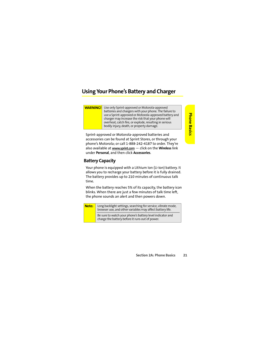 Motorola L7c manual Using Your Phone’s Battery and Charger, Battery Capacity 