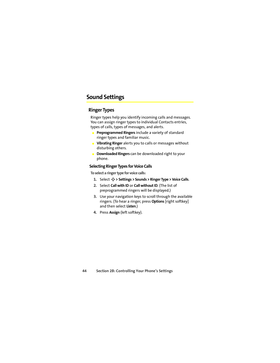 Motorola L7c manual Sound Settings, Selecting Ringer Types for Voice Calls, To select a ringer type for voice calls 