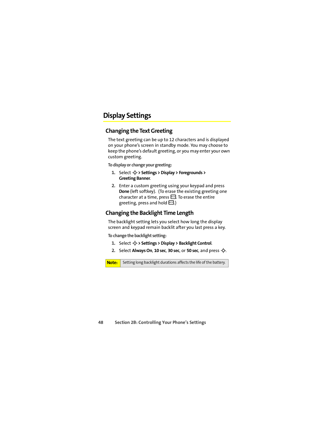 Motorola L7c manual Display Settings, Changing the Text Greeting, Changing the Backlight Time Length 