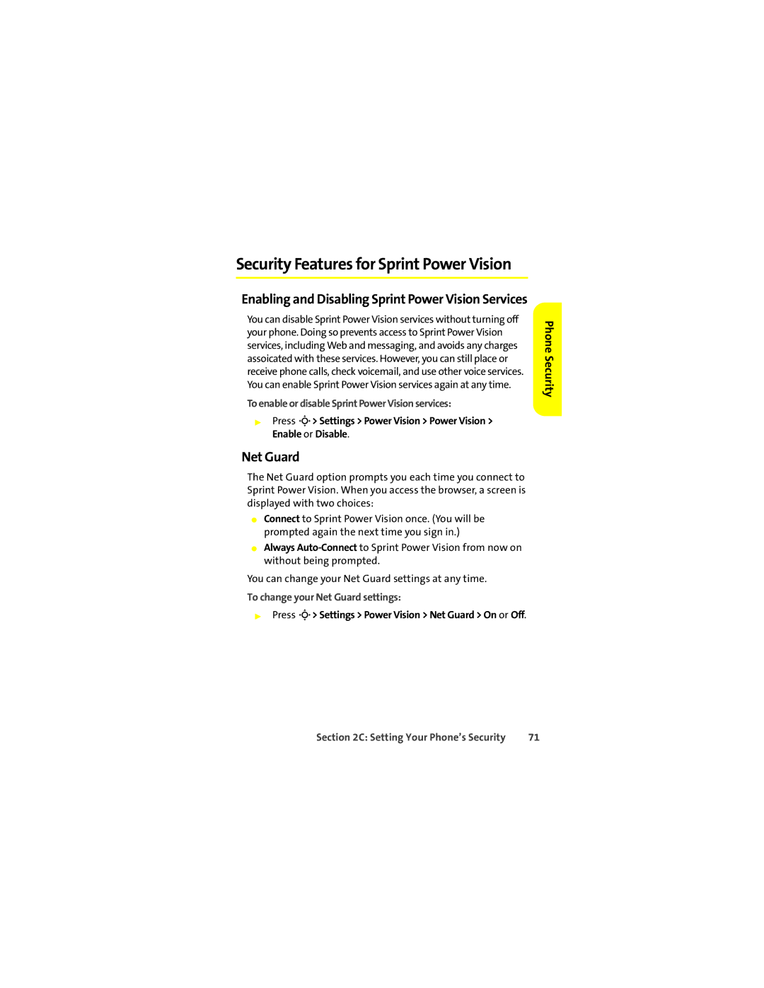 Motorola L7c manual To enable or disable Sprint Power Vision services, To change your Net Guard settings 